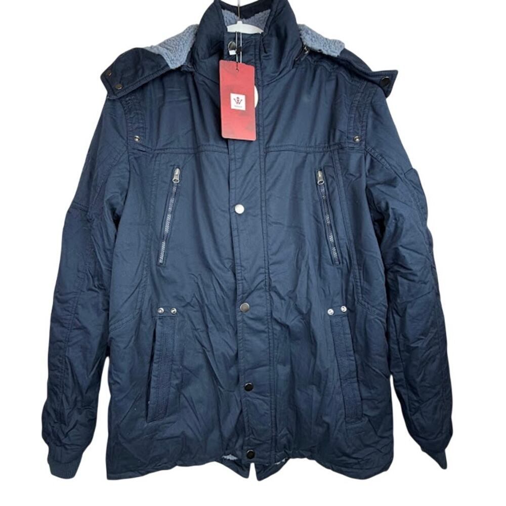 Wenven Navy Blue Insulated Parka Jacket Hooded Fleece Lined Men’s L NWT $75 MSRP